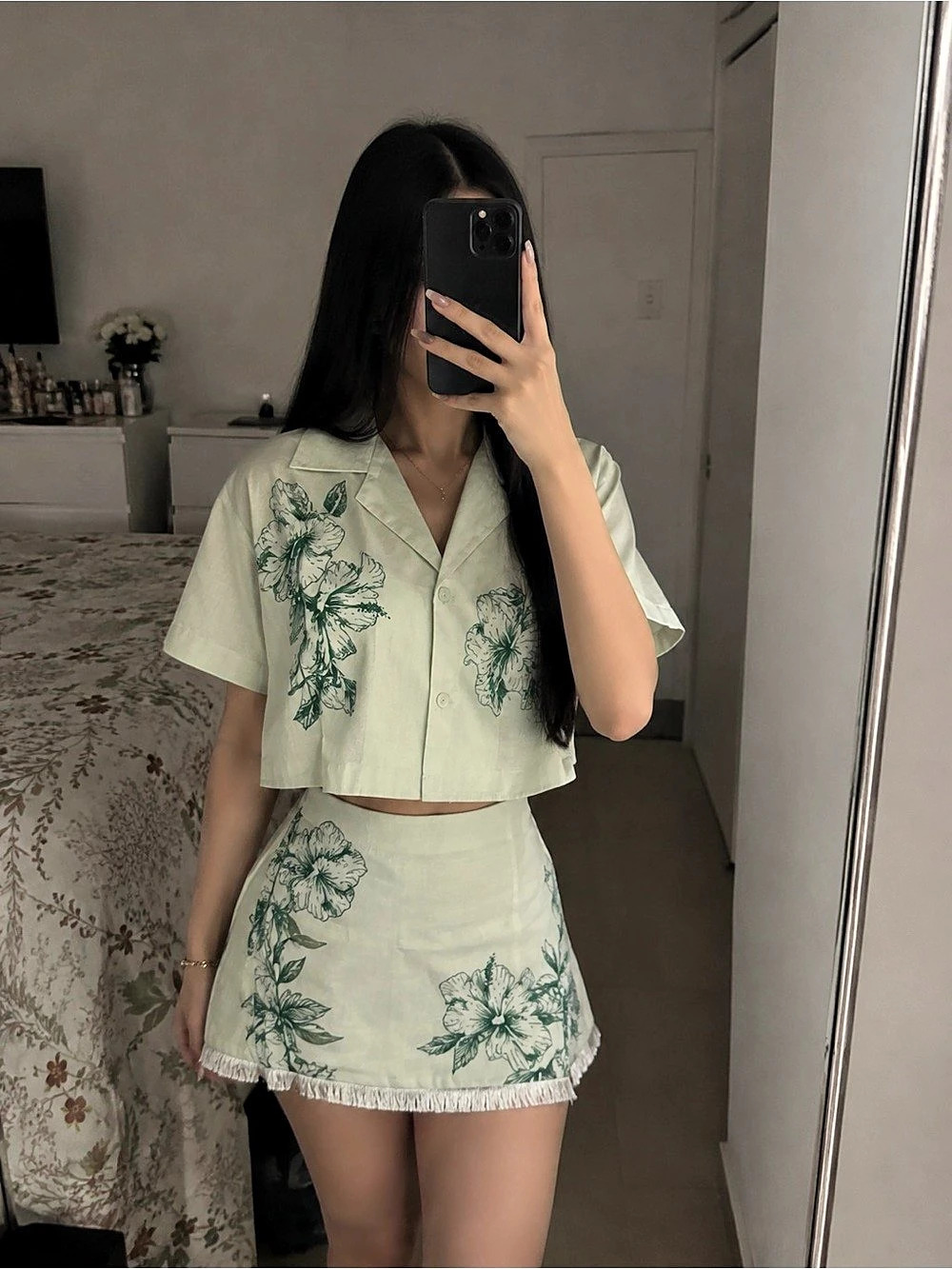 CHICWAYS Floral Two-Piece Set Green Small